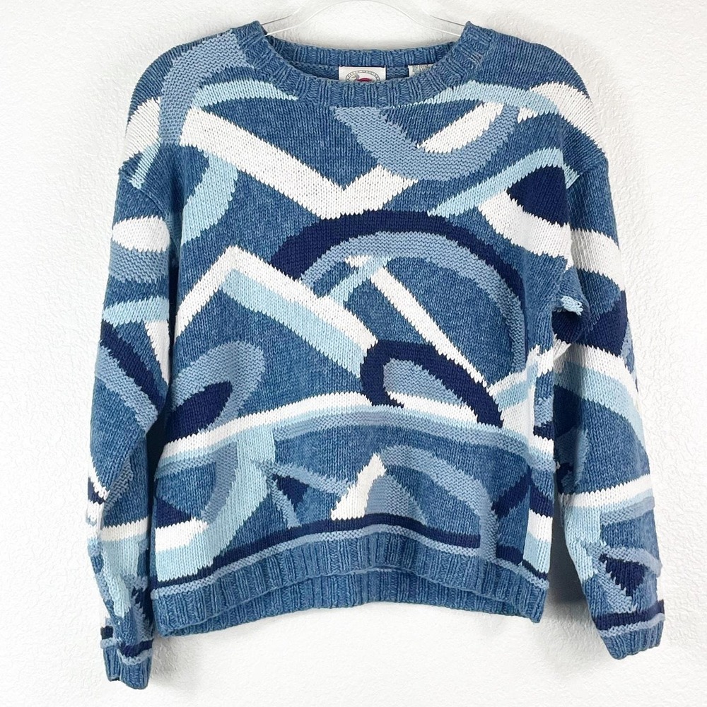 Vintage Marsh Landing Hand Knits Women's Sweater Blue Swirl Ramie Cotton Large